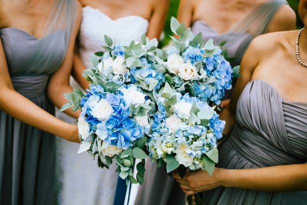 blue bridesmaid dresses flowers